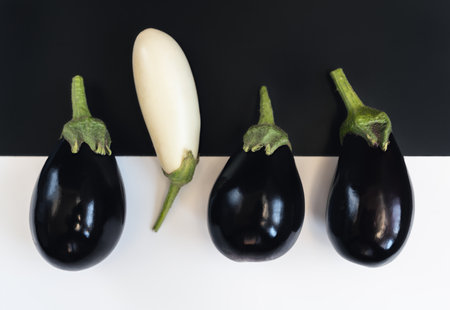black and white eggplants on a black and white background, conceptual photoの写真素材
