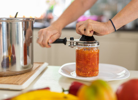 Home canning of vegetables. A woman in close-up preserves a vegetable salad in a glass jar