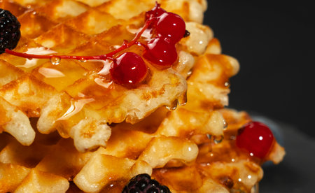 Fresh crispy Belgian waffles with fresh blueberries blackberries and red currants poured with fresh honey close-upの写真素材