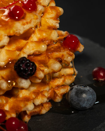 Fresh crispy Belgian waffles with fresh blueberries blackberries and red currants poured with fresh honey close-upの写真素材