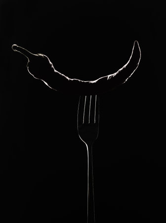 Contours of a red sharp pepper on a fork in a contoured light on a black backgroundの写真素材