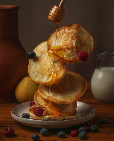 Pancakes with honey and berries on a dark background, vertical
