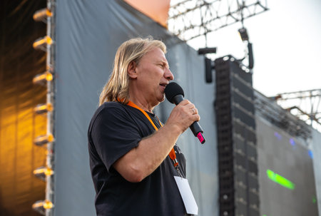 Green Island, Lipetsk, Russia 06-27-2021 Performance of producer Viktor Drobysh at Fox Rock Festのeditorial素材