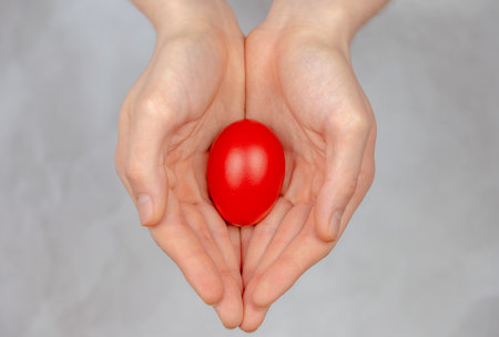 Red Easter egg lying in his palm, a religious symbolの写真素材