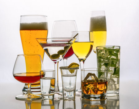 A diverse assortment of alcoholic beverages on a white background in a counter lightの写真素材