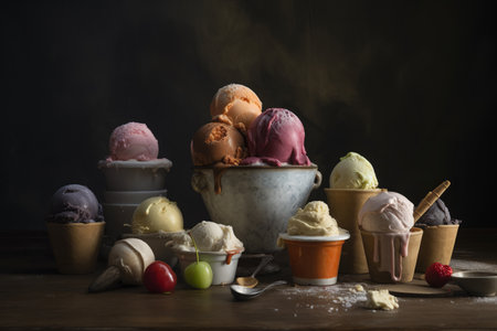 Ice cream scoops of different colors and flavors in a bowl on wooden tableの素材