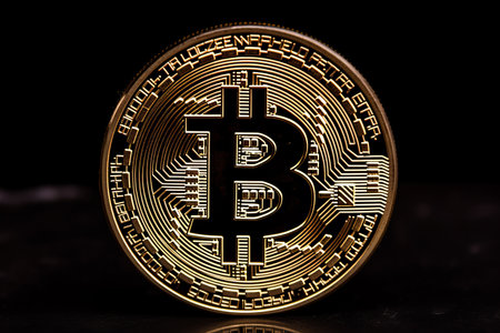 Cryptocurrency Golden Bitcoin close-up, Generated by Aiの素材