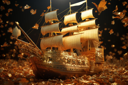 Glorious Vessel with Remarkable Sail Exploring the Vast Ocean of Shimmering Golden Coinsの素材