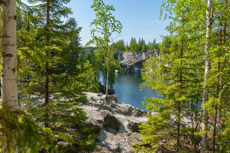 Ruskeala Park, a lake among marble rocks on the site of an old quarry is a favorite place for tourists to visitの写真素材