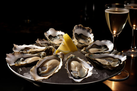 Exquisite Oyster Plate with Champagne Glass. a Mouthwatering Close-Up with Refreshing Iceの素材