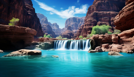 Scenic Cascade. Majestic mountain lake fed by a stunning waterfall amidst rustic brown rocksの素材