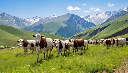 a herd of cows grazing on a beautiful mountain meadowの素材