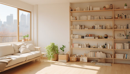 Stylish and Comfortable Living Room Interior with Cozy Furnishings and an Abundance of Natural Lightの素材