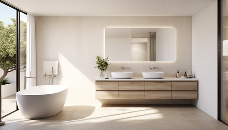 Design a cozy and bright bathroom with a minimalist aesthetic, featuring natural light and warm toned materials.の素材
