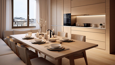 Create a Stylish and Cozy Kitchen with a Perfect Blend of Modern Design and Warm Welcoming Ambienceの素材