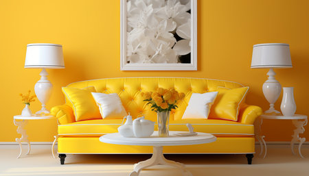 Yellow sofa on the background of a yellow wall and white elements of the living room interiorの素材