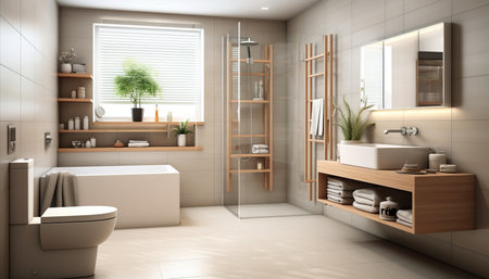 Design a modern and cozy bathroom with a toilet.の素材