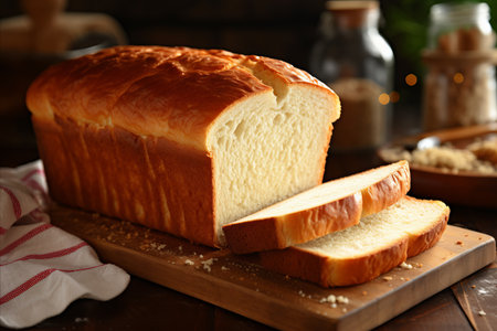 Visually Appealing Image of a Loaf of Freshly Baked White Bread with Golden Crust and Soft Interiorの素材