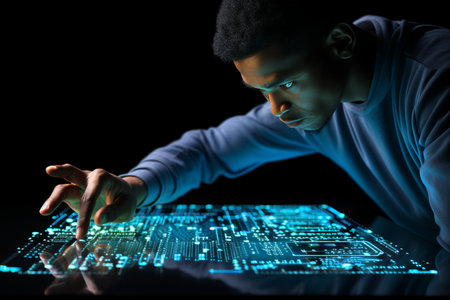 Immersive experience. Interacting with advanced digital buttons in a futuristic virtual environmentの素材