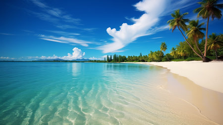 Idyllic Summer Beach Scene with Clear Blue Skies, Lush Palm Trees, and Crystal-Clear Watersの素材