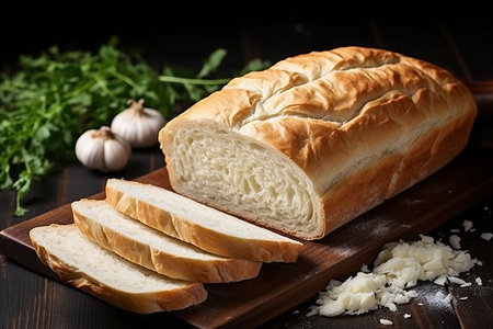 Freshly Baked White Bread Loaf, Homemade Bakery Recipe, Tasty and Delicious, Wooden Table Backgroundの素材