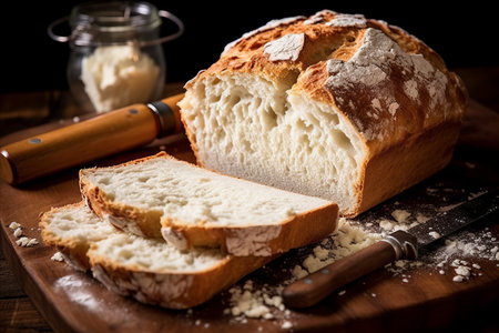 Visually Appealing Image of Freshly Baked White Bread Loaf with Golden Crust and Soft Interiorの素材