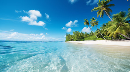 Luminous Tropical Beachscape. Scenic Summer Shoreline with Blue Sky, Palm Trees, and Serene Oceanの素材