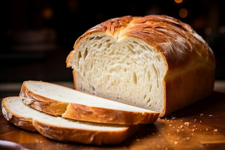 Freshly Baked Golden Crusted White Bread Loaf with Soft Interior, Artfully Designed Imageの素材