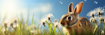 Majestic Spring Meadow with Cute Rabbit, Dew Drops, and Easter Eggs on Green Grass against Blue Skyの素材