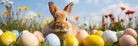 Spring Meadow with Rabbit, Dew Drops, and Easter Eggs on Green Grass against Blue Skyの素材