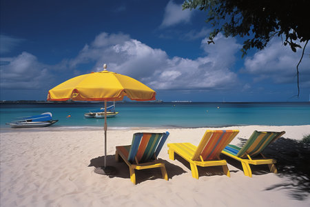 Sunbeds on the beautiful beach of paradise islandの素材
