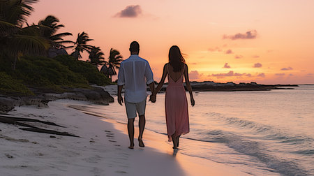 Happy young couple walking hand in hand towards a breathtaking paradise island at the break of dawnの素材