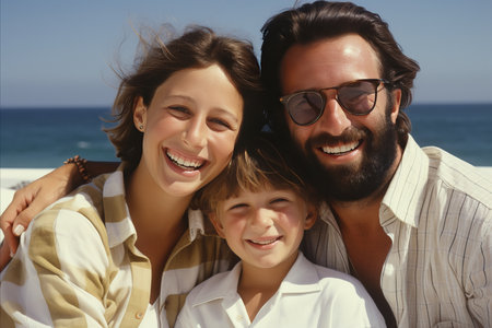 Happy family enjoying a relaxing day on sun loungers at a stunning paradise island beachの素材