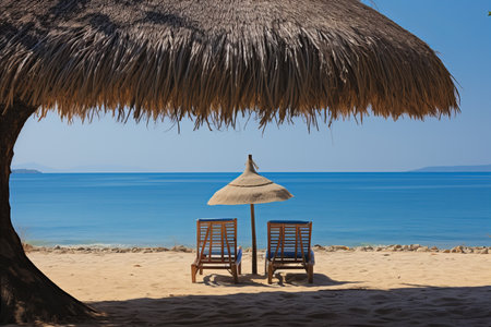 Serenity Found. Bask in the Comfort of Sunbeds on a Picture-Perfect Paradise Islandの素材