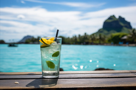Paradise island delight. A captivating beach bar scene showcasing a refreshing cocktail on the vibrant counter.の素材