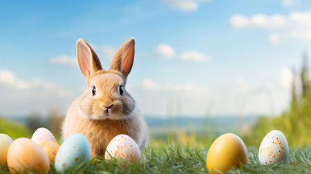 Rabbit in Green Spring Meadow with Dewy Grass and Easter Eggs Against Blue Sky Backgroundの素材