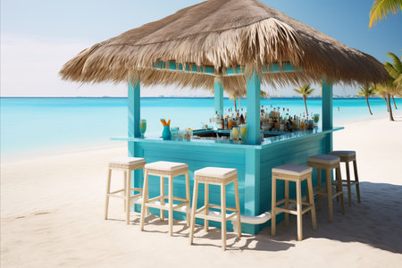 Tropical Island Beach Bar. Serene Ambiance with a Refreshing Cocktail on the Counterの素材