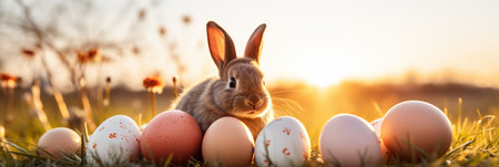Beautiful Spring Meadow with Rabbit, Easter Eggs, and Dew Drops against Blue Sky Backgroundの素材
