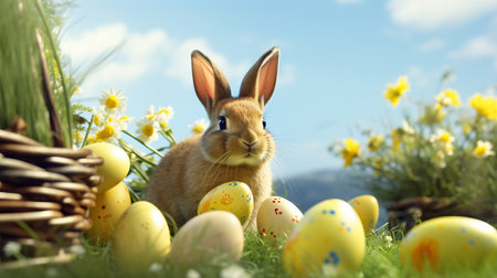 Dewy Spring Meadow. Bunny in Green Grass with Easter Eggs, Blue Sky Backgroundの素材
