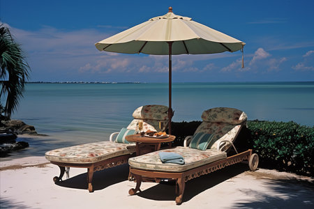 Ultimate Beach Retreat. Sunbeds Offering Serene Relaxation on the Idyllic Paradise Island Shoresの素材