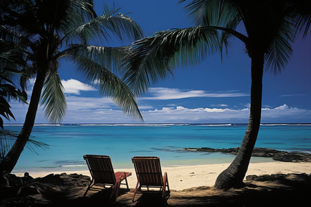 Exquisite Tropical Getaway. Sunbeds under Majestic Palm Trees on the Pristine Beach of Paradise Islandの素材