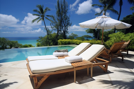 Serene Sunbeds on Paradise Island. Relax in Luxury on the Stunning Sandy Beachの素材