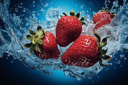 Fresh strawberries resting on glistening snow with lush green leaves and droplets of sparkling waterの素材