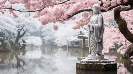 Lush blossoming trees creating a captivating scene in a traditional Japanese gardenの素材