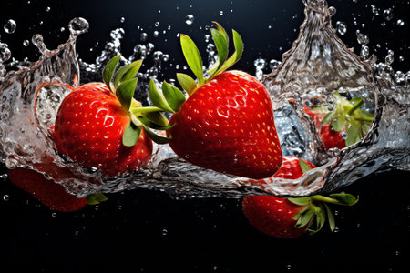 Fresh ripe strawberries resting on snowy surface with splashing water and vibrant green leavesの素材