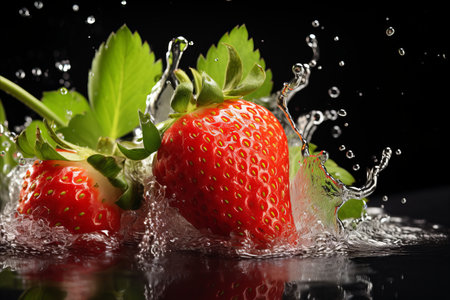 Ripe Red Strawberries Resting on Chilled Snow with Lush Green Leaves and Refreshing Water Splashの素材