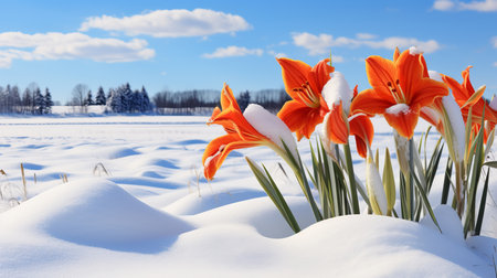 A serene winter scene with vibrant flowers peeking through the glistening snow.の素材
