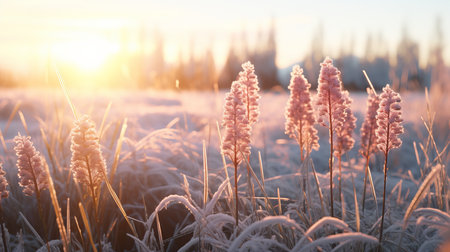 Tranquil Winter Scenery Featuring Vibrant Flowers Peeking Through Glistening Snowの素材