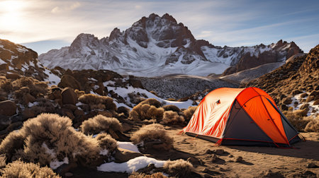 Snow-capped Mountain Camping at the Foot of Majestic Peaks in a Breathtaking Winter Landscapeの素材
