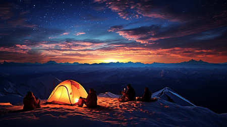 Serene Mountain Campsite, a Tranquil Sanctuary at the Base of Majestic, Snow Capped Peaksの素材
